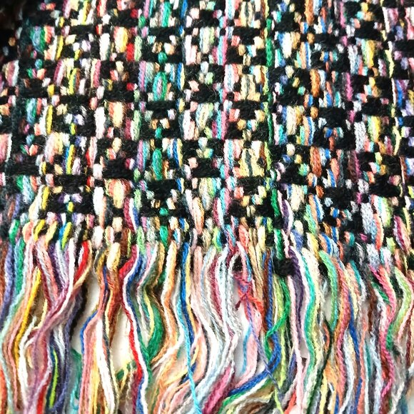 CHANEL Vintage Luxury Black Multi-Color Woven Fringed Cashmere Shawl Wrap Scarf - Picture 10 of 16